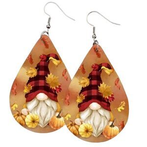 Gnome AUTUMN FALL Thanksgiving Gnome Plaid Hat Dangle Drop Earrings Jewelry